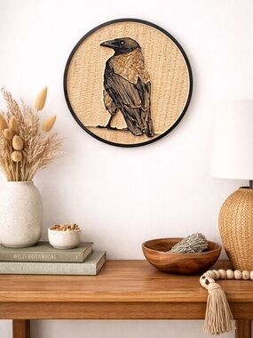 Round Woden Carved Raven Wall Art - Black and Natural 11 Inch Circle